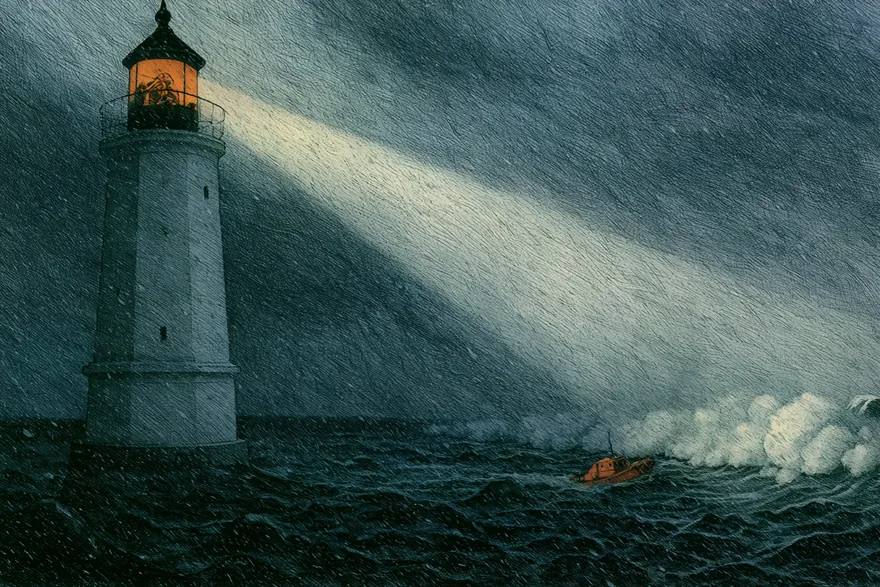Fyren lyser i stormnatten. Den varma ljuskäglan sveper genom snön ut över ett mörkt, upprört hav mot en liten räddningsbåt vid bränningarna.