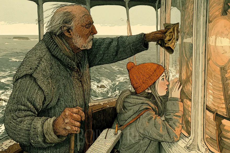 Morfar i stickad tröja pekar med putstrasan ut genom lyktrummets fönster, medan Vega i klarorange mössa kisar ut över ett grått hav där ett smalt skär syns vid horisonten.