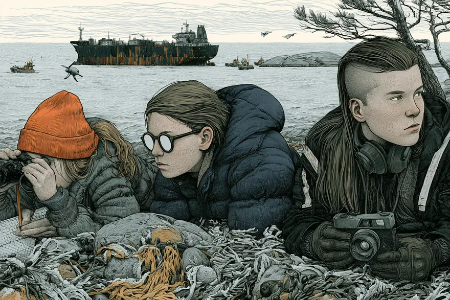 Tre barn ligger gömda på mage bland frusen tång och strandstenar: Vega med kikare, Idris med lagade glasögon och Liyana med en gammal filmkamera. Långt ute på det grå havet ligger ett rostigt, mörkt fartyg.
