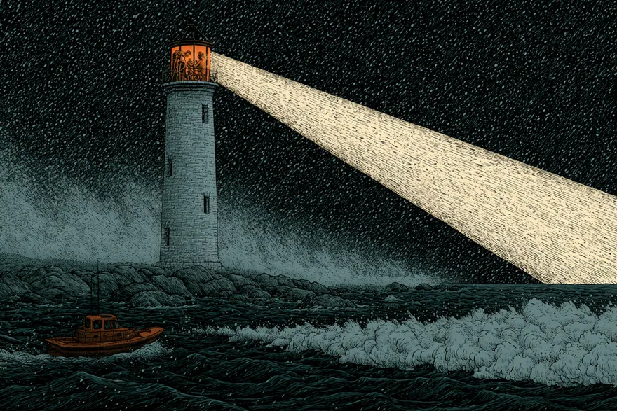 En hög vit fyr lyser mitt i en svart stormnatt. Ljuskäglan skär snett genom snöbyarna ut över ett rasande hav, där en liten orange räddningsbåt girar undan från vita bränningar.